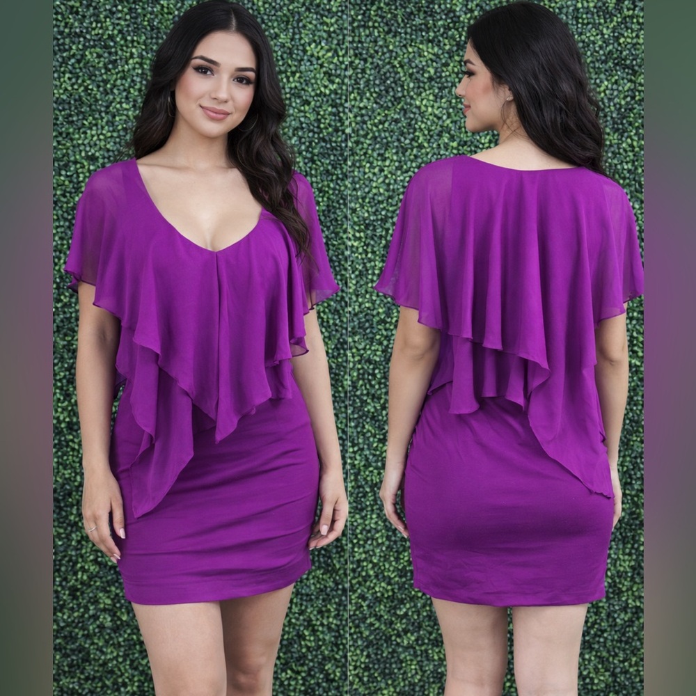 Nwot Jaygodfrey‎ purple Flowy Ruffle Overlay Mini Dress |Feminine & Flattering